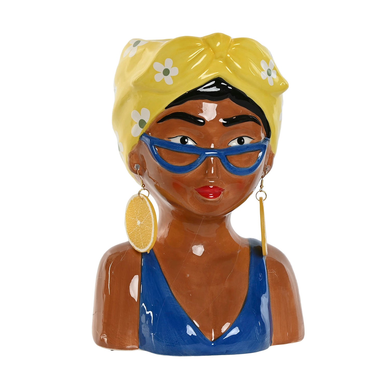 Jarrón busto negrita con gafas azules, pañuelo amarillo y pendientes de limón – Brocantia Oviedo