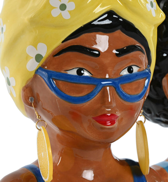 Detalle rostro jarrón busto mujer negra con pañuelo de flores y gafas – tienda de decoración Brocantia