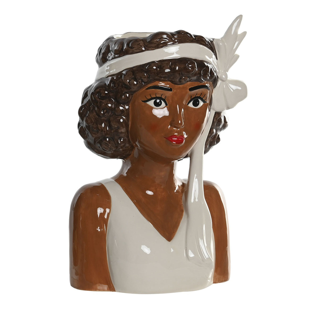 Jarrón busto decorativo chica con lazo blanco de cerámica - Brocantia