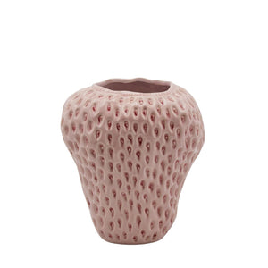 jarrón cerámica rosa, jarrón en forma de fresa, jarrón decorativo original, jarrón rosa para flores, decoración con jarrones, jarrón moderno rosa, jarrón cerámica texturizado, jarrón dulce y divertido