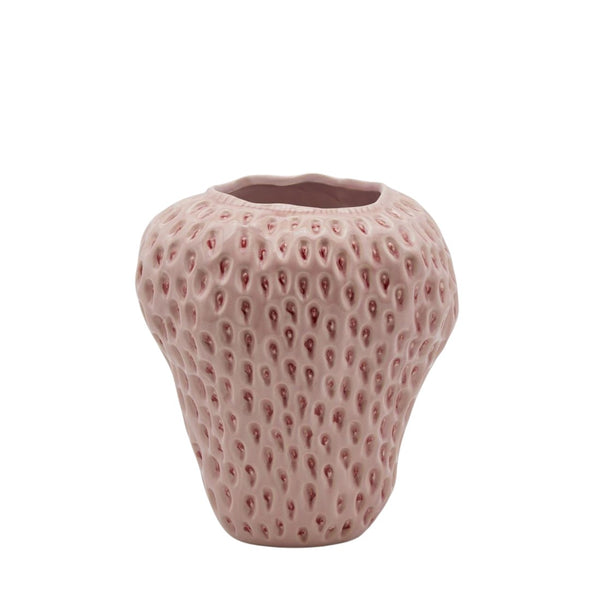 jarrón cerámica rosa, jarrón en forma de fresa, jarrón decorativo original, jarrón rosa para flores, decoración con jarrones, jarrón moderno rosa, jarrón cerámica texturizado, jarrón dulce y divertido