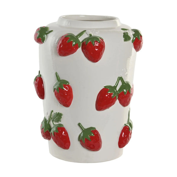 Jarrón de cerámica blanca con fresas rojas y hojas verdes en relieve, de 30 cm de alto.