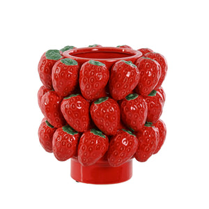 Centro de mesa cilíndrico de cerámica con fresas en relieve, decoración original y artesanal