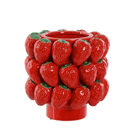 Centro de mesa cilíndrico de cerámica con fresas en relieve, decoración original y artesanal