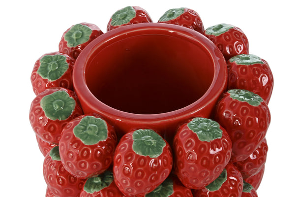 Vista superior de centro de mesa de cerámica decorado con fresas pintadas a mano en rojo y verde