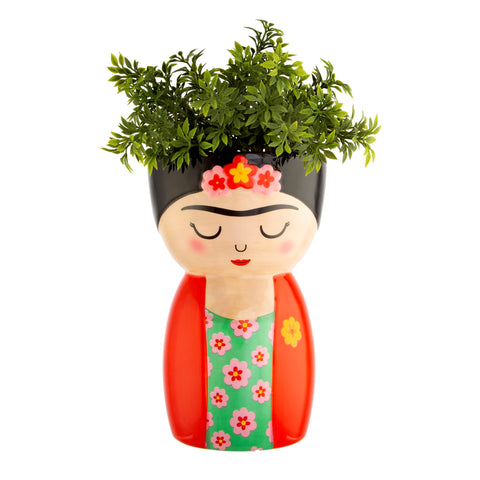 Maceta de cerámica Frida Kahlo con planta decorativa – Brocantia tienda de decoración Oviedo