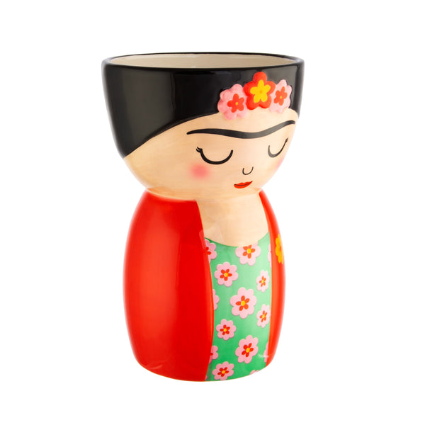 Vista lateral de jarrón decorativo Frida Kahlo de cerámica esmaltada – Brocantia Oviedo
