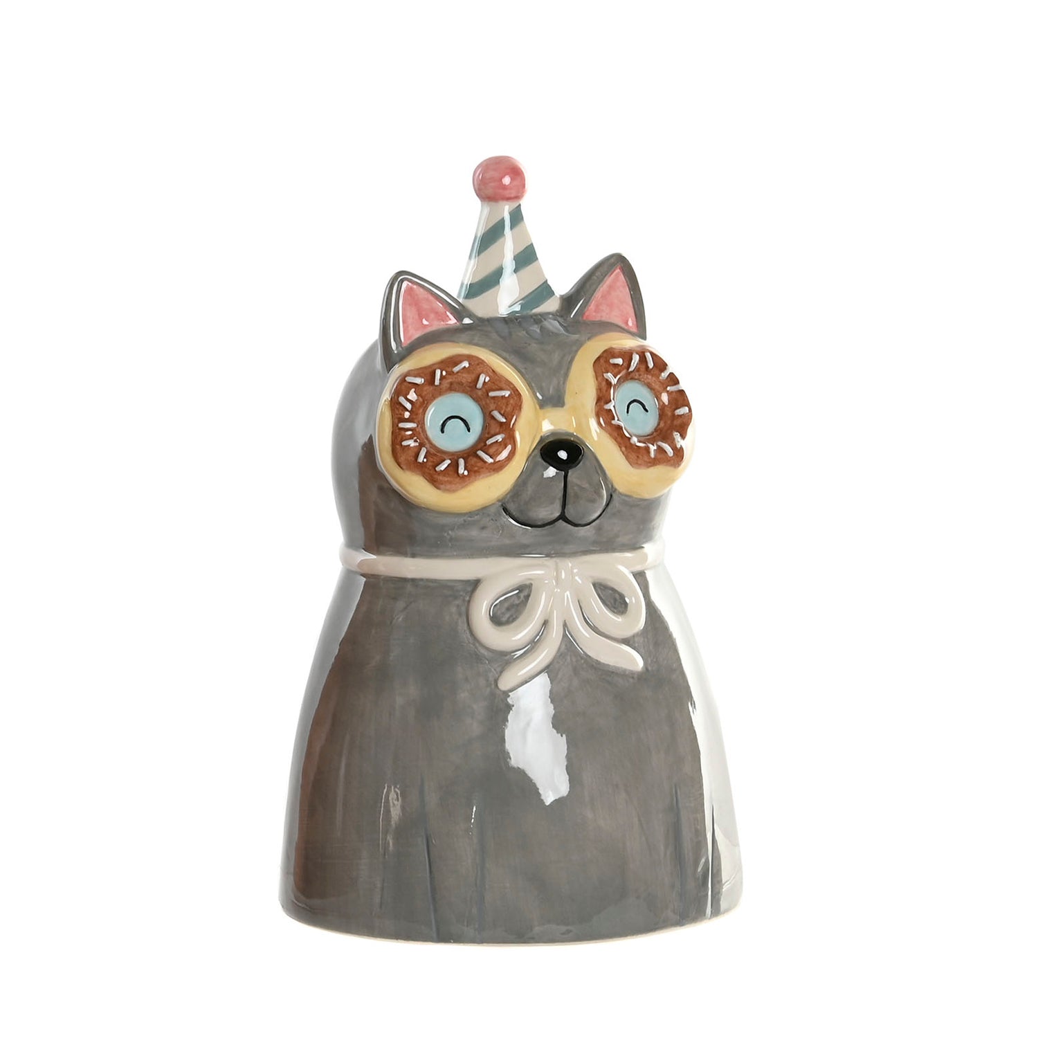 Jarrón decorativo de cerámica con forma de gato gris con gafas de donuts y gorro de fiesta – Brocantia
