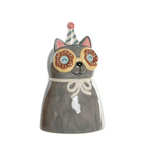 Jarrón decorativo de cerámica con forma de gato gris con gafas de donuts y gorro de fiesta – Brocantia