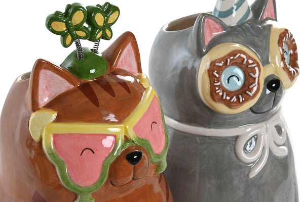 Detalle de jarrones gato festivo gris y marrón con gafas decorativas – Brocantia