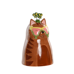 jarrón gato cerámica marrón con gafas rosas y antenas mariposa Brocantia