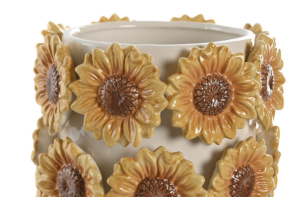 Jarrón decorativo de cerámica con girasoles en relieve