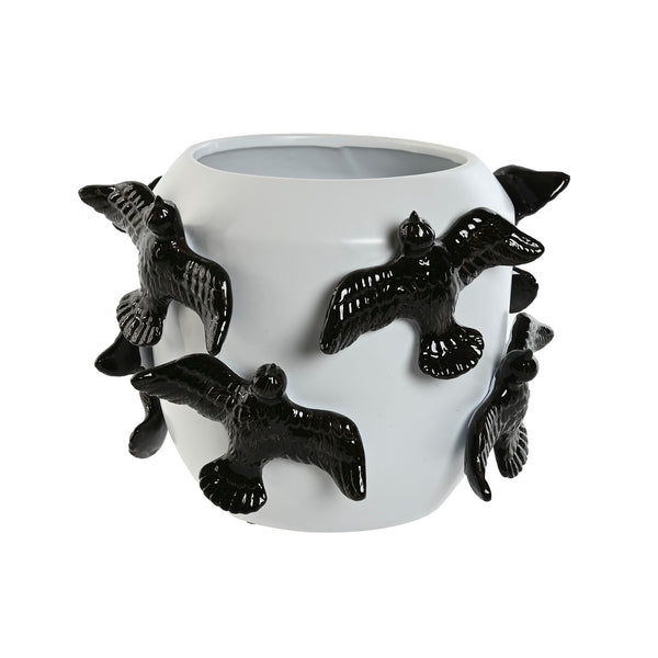 jarrón decorativo bajo de cerámica blanca con golondrinas negras en relieve – vista frontal