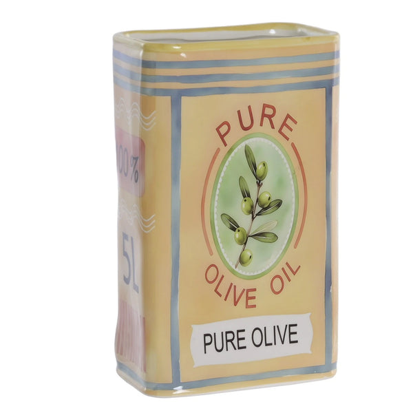 Jarrón Lata de Aceite Amarillo de gres con diseño Pure Olive Oil y rama de olivo.