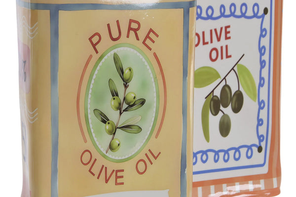 Detalle del estampado vintage Pure Olive Oil del jarrón amarillo de gres.