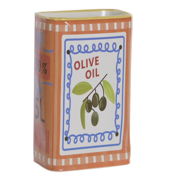 Jarrón Lata de Aceite Naranja de gres con diseño Olive Oil y aceitunas.