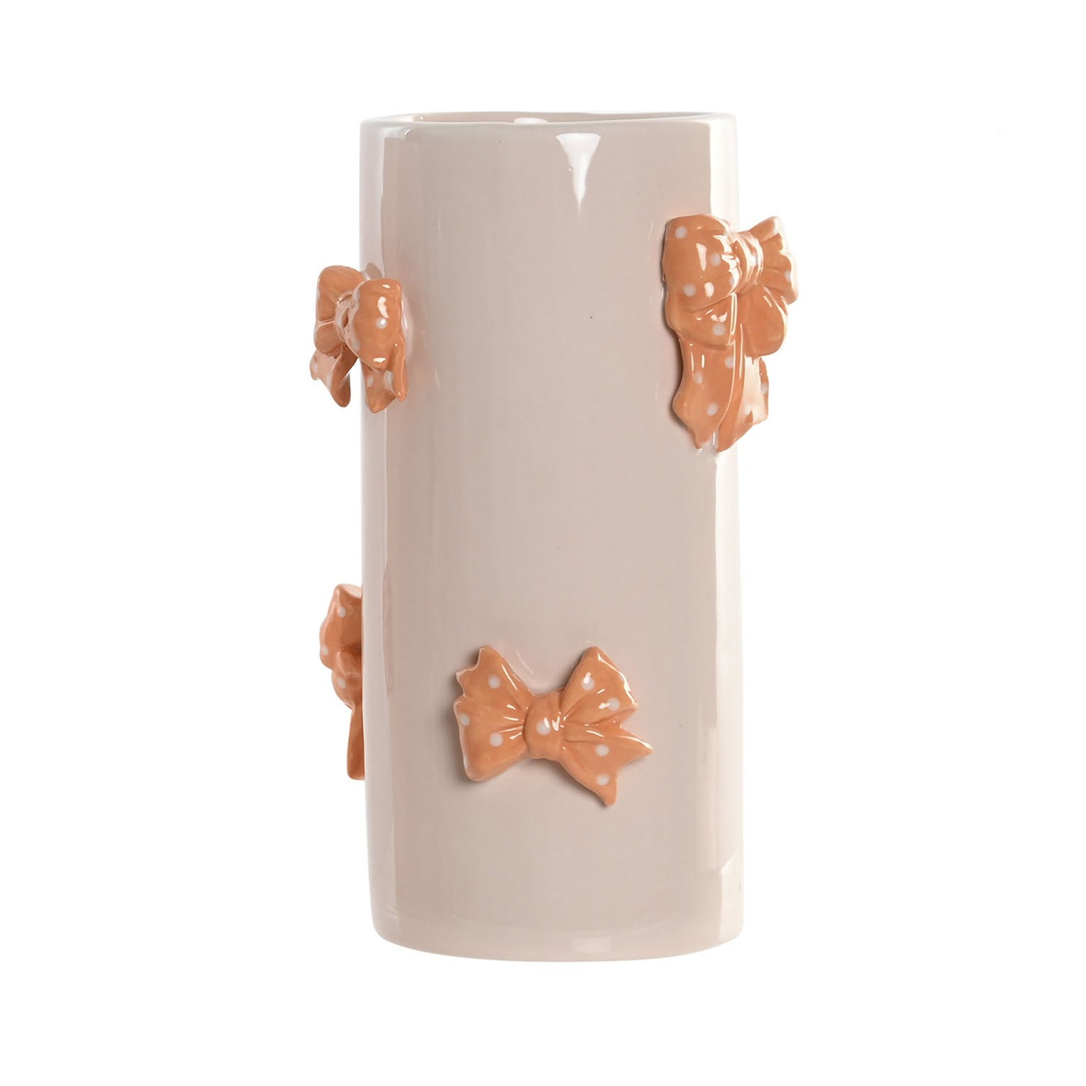 Jarrón de cerámica beige con lazos decorativos en relieve