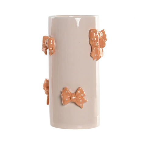 Jarrón de cerámica beige con lazos decorativos en relieve