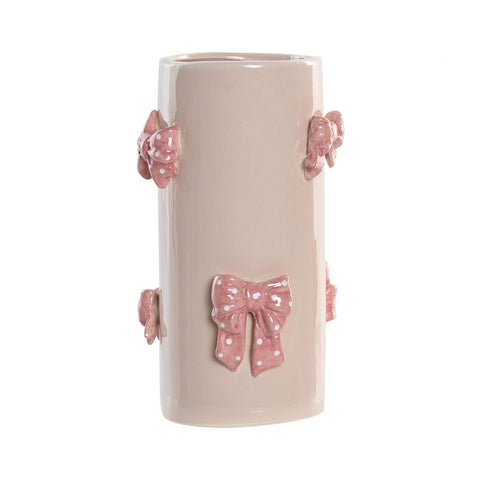 Jarrón de cerámica beige con lazos rosas en relieve