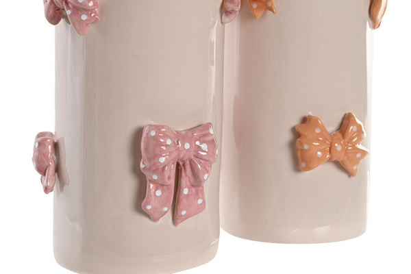 Jarrón decorativo cilíndrico con lazos rosas esmaltados