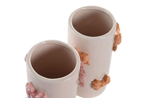 Jarrón decorativo cilíndrico con lazos rosas esmaltados