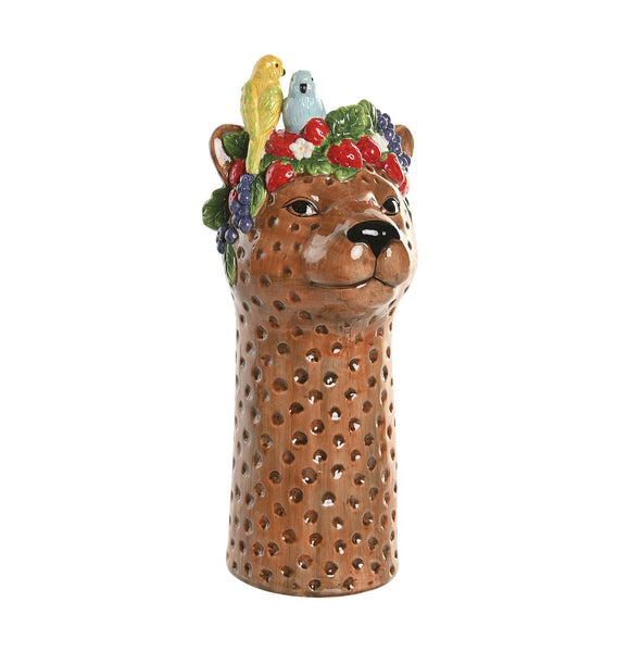 Jarrón de cerámica con forma de leopardo decorado con frutas y periquitos, vista frontal