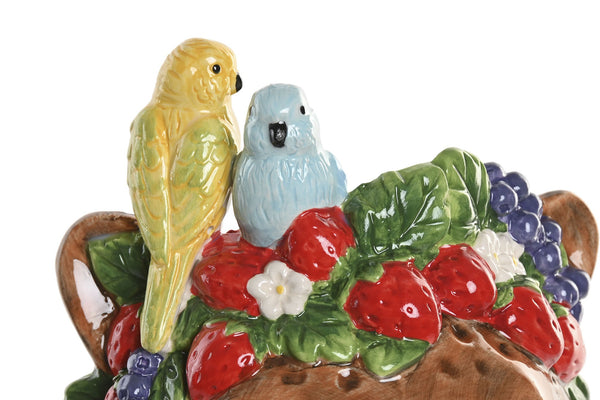 Detalle de los periquitos y frutas sobre la cabeza del jarrón leopardo, cerámica esmaltada