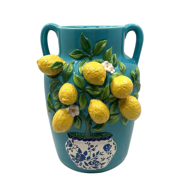 Jarrón de cerámica azul con limones en relieve decorativo