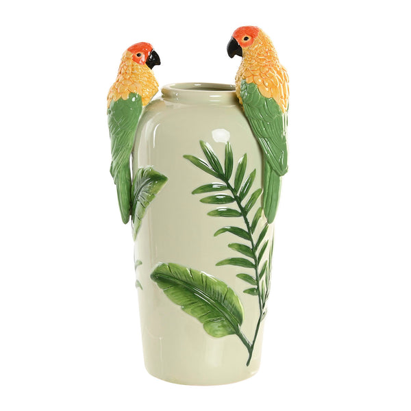 Jarrón decorativo de cerámica con loros tropicales en relieve