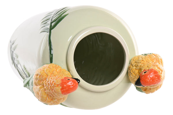 Vista superior jarrón tropical con dos loros esmaltados