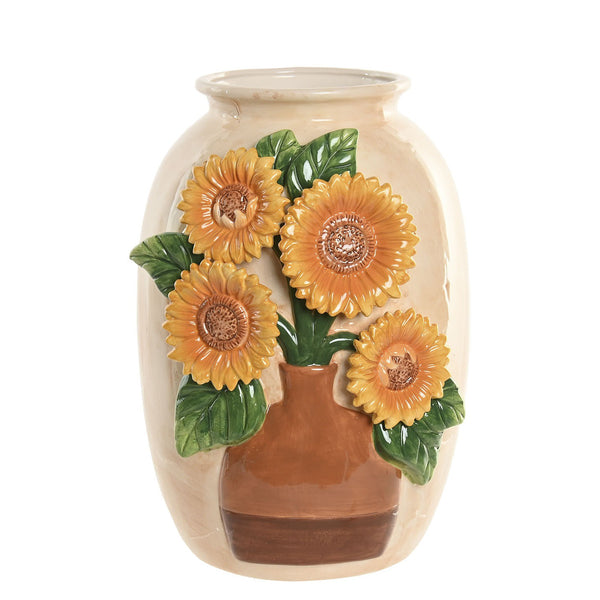 Jarrón de cerámica color crema con girasoles amarillos y hojas verdes en relieve