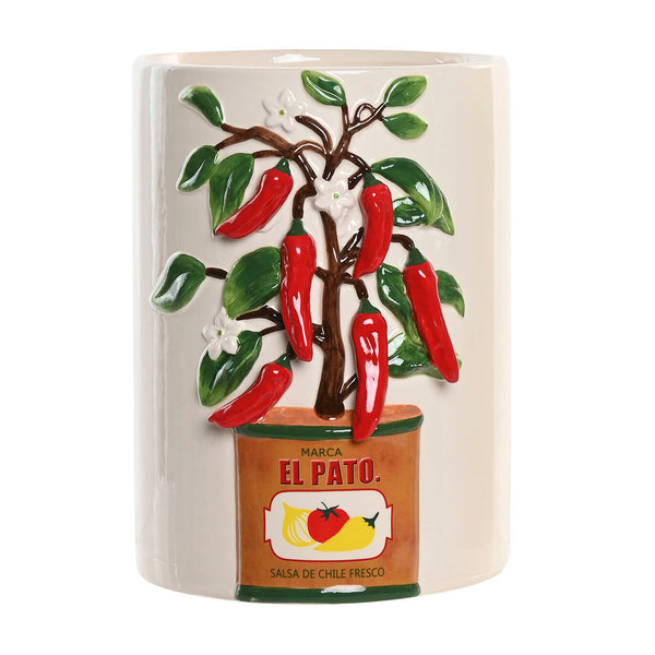 Jarrón de cerámica grande con planta de chiles rojos en relieve inspirado en la salsa El Pato.