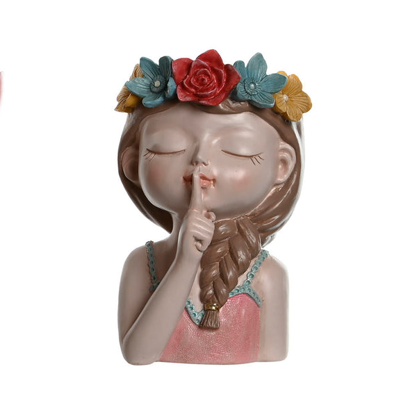 Jarrón niña flores cabeza rosa