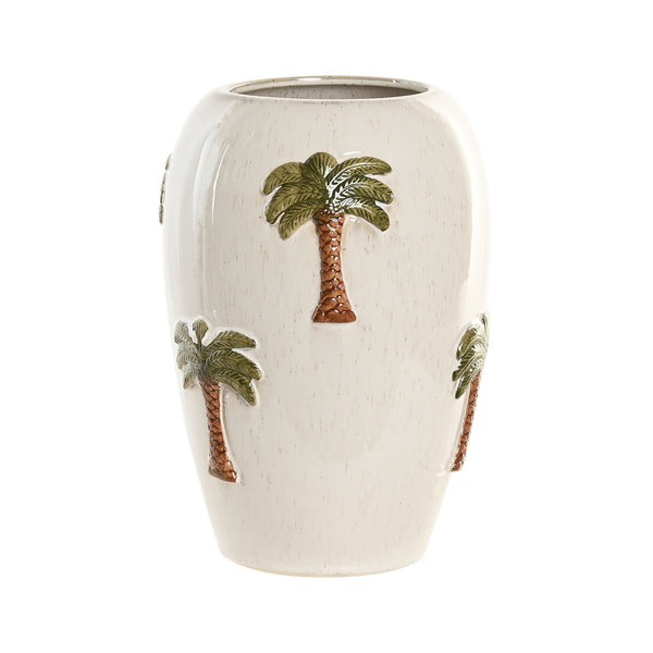 Jarrón cerámico beige con palmeras en relieve tropical