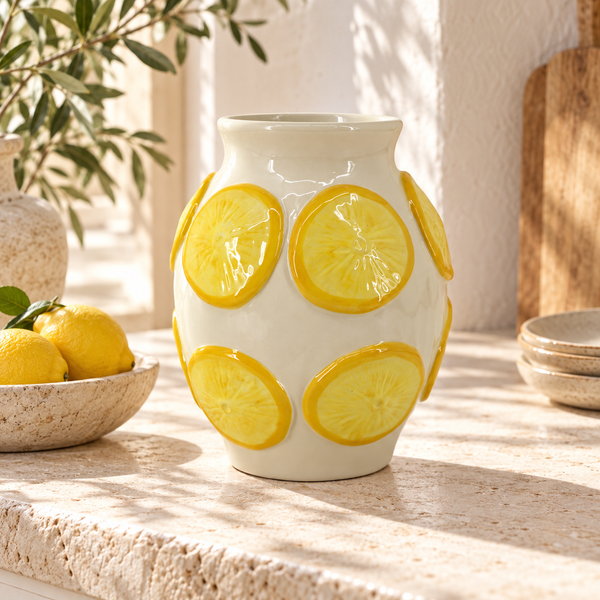 Jarrón decorativo de cerámica con limones en relieve en ambiente de cocina mediterránea.