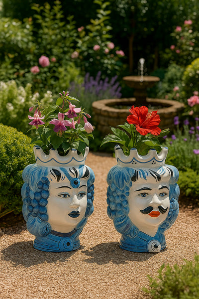 Jarrón doble de cerámica con rey y reina decorado con flores en un jardín mediterráneo.