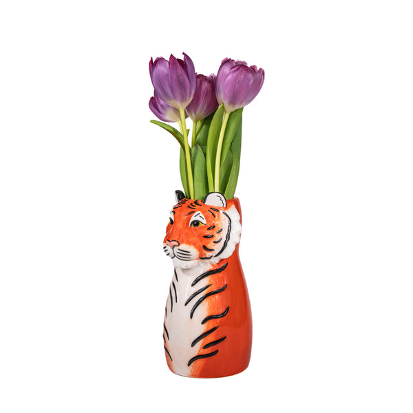 Florero original de tigre naranja con flores lilas
