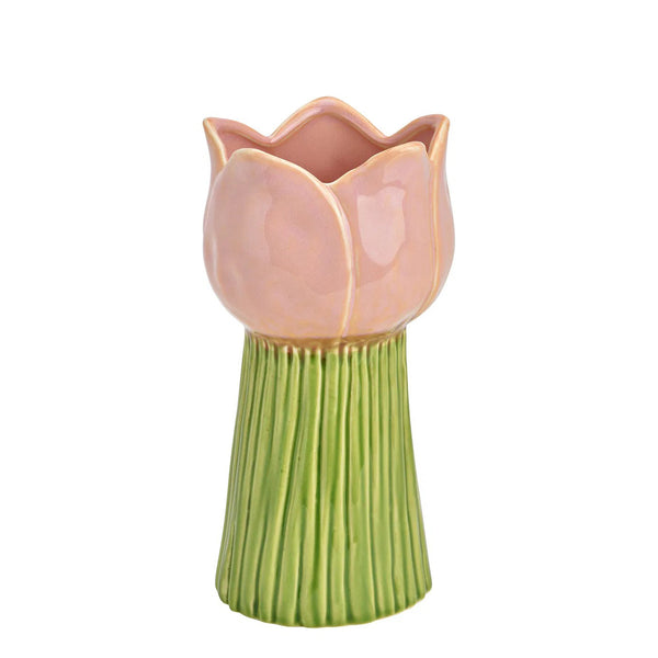 Jarrón cerámico tulipán rosa y verde decorativo