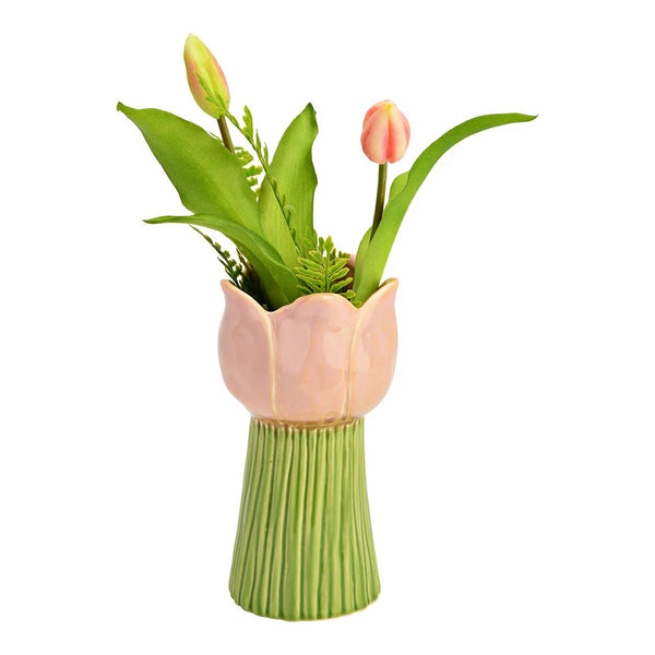 Jarrón en forma de flor tulipán con flores artificiales