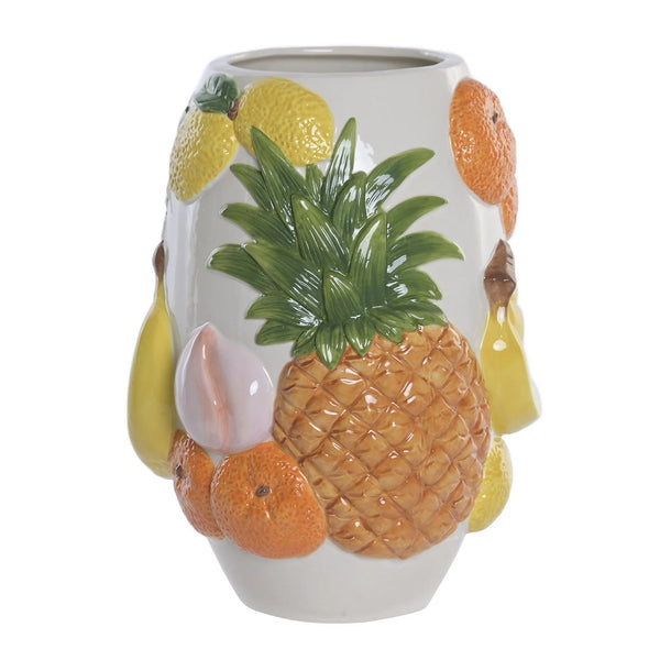 Jarrón Tutti Frutti de cerámica blanca con frutas tropicales en relieve, piña, plátanos y cítricos de colores.