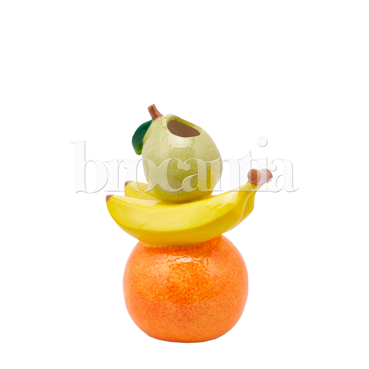 Jarrón naranja, plátano, pera