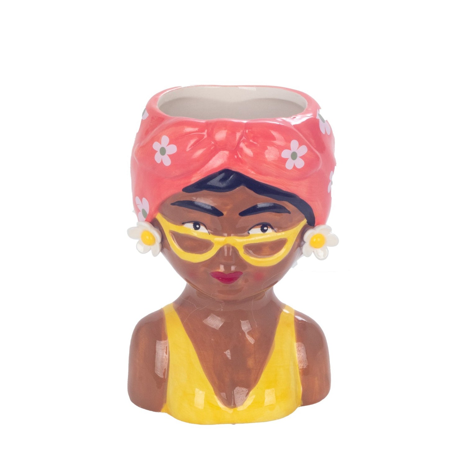 jarrón busto mujer cerámica turbante rosa gafas amarillas Brocantia tienda decoración Oviedo