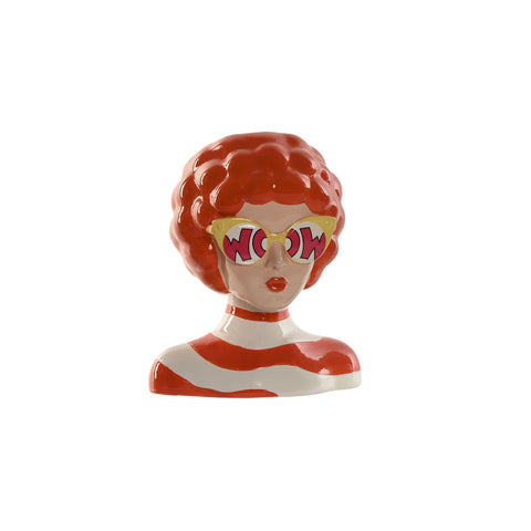 Jarrón de cerámica pop art con forma de cabeza femenina, cabello naranja y gafas con texto WOW