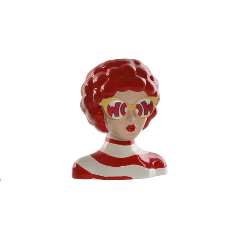 Jarrón busto de cerámica estilo pop art con gafas WOW en color rojo