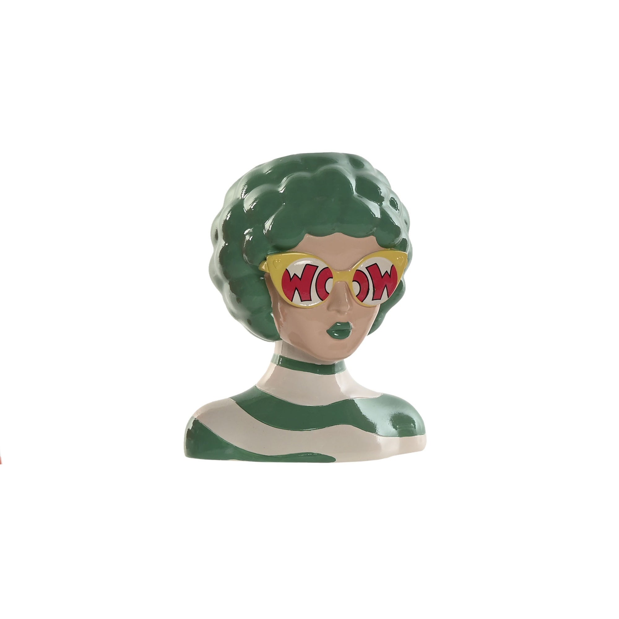 Jarrón de cerámica pop art busto femenino con cabello verde y gafas WOW