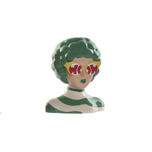 Jarrón de cerámica pop art busto femenino con cabello verde y gafas WOW