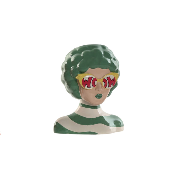 Jarrón de cerámica pop art busto femenino con cabello verde y gafas WOW