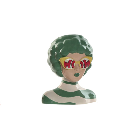 Jarrón de cerámica pop art busto femenino con cabello verde y gafas WOW