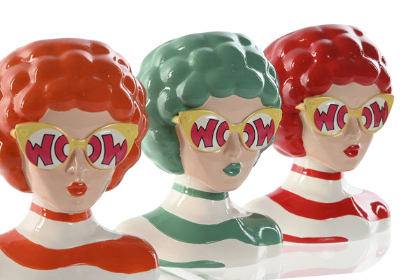 Conjunto de jarrones busto pop art en cerámica con gafas WOW en colores verde, naranja y rojo