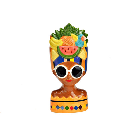 Jarrón chica tropical con turbante, frutas y gafas de sol – pieza de cerámica decorativa original Brocantia Oviedo
